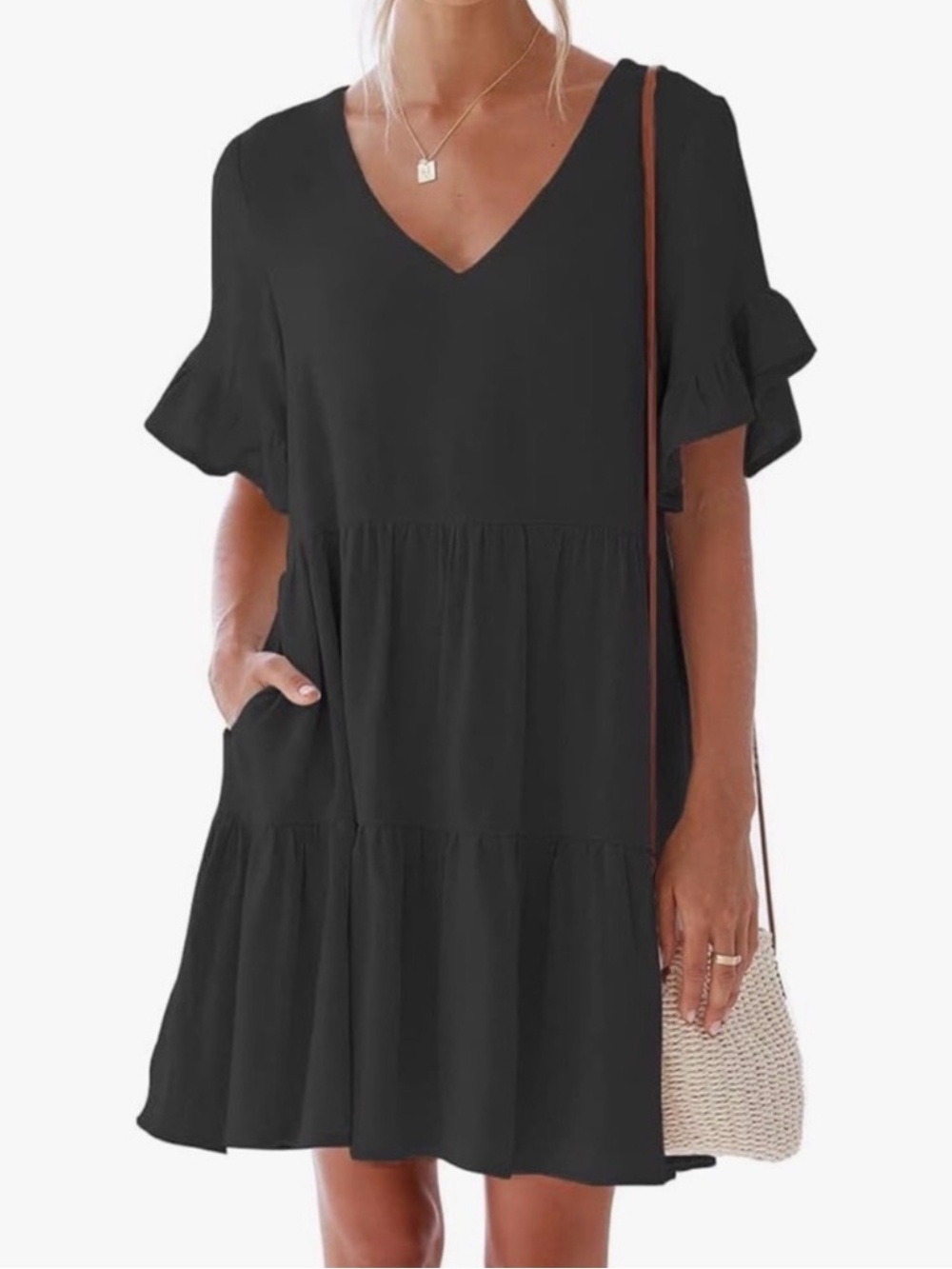 MittoShop Black Babydoll Dress | Size Large | Flutter Sleeve Tiered Mini Dress